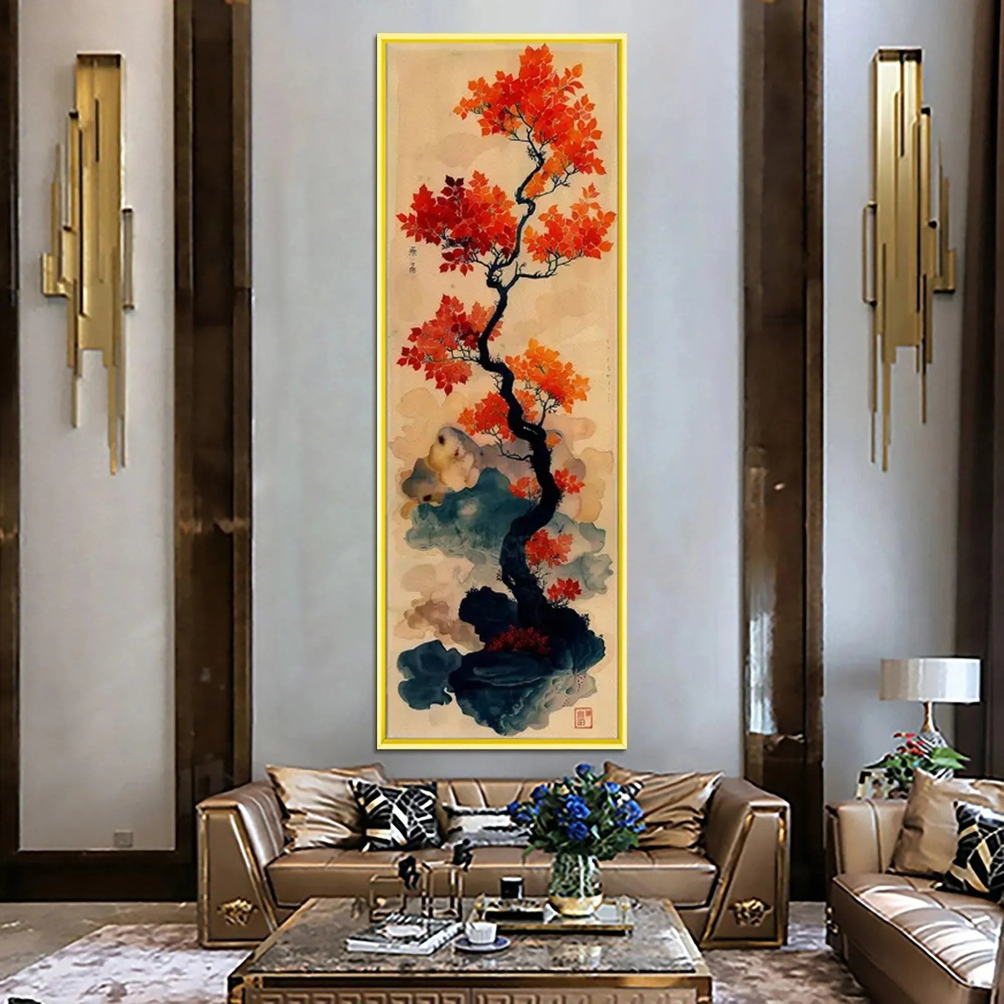 CRIMSON AUTUMN BONSAI: Tree Painting, Vertical Wall Art, Asian Decor - Image 2