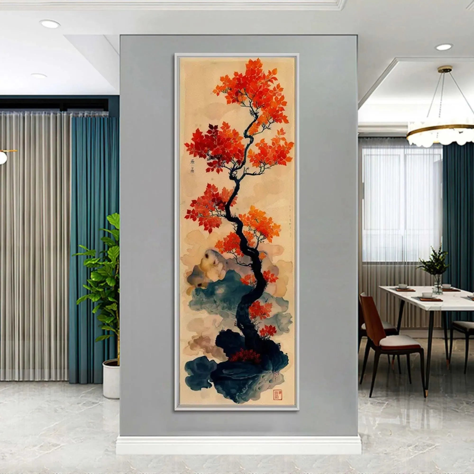 CRIMSON AUTUMN BONSAI: Tree Painting, Vertical Wall Art, Asian Decor - Image 5