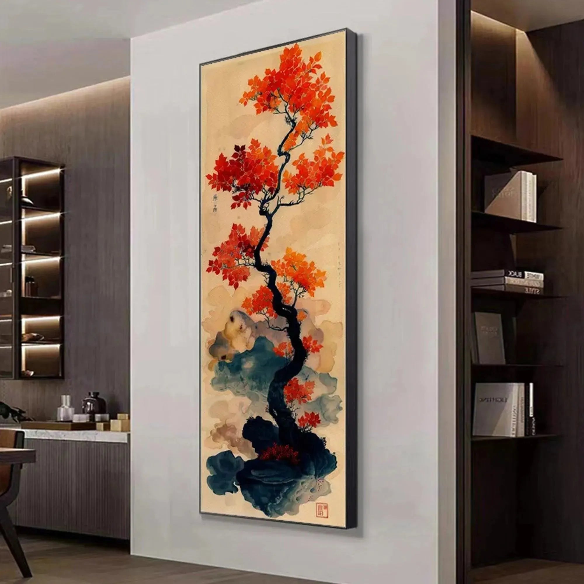 CRIMSON AUTUMN BONSAI: Tree Painting, Vertical Wall Art, Asian Decor - Image 8