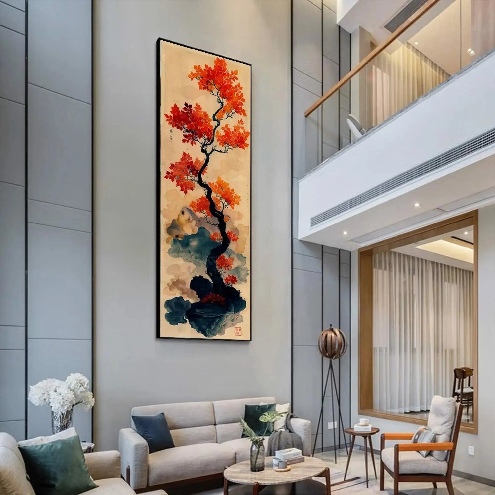 CRIMSON AUTUMN BONSAI: Tree Painting, Vertical Wall Art, Asian Decor - Image 9