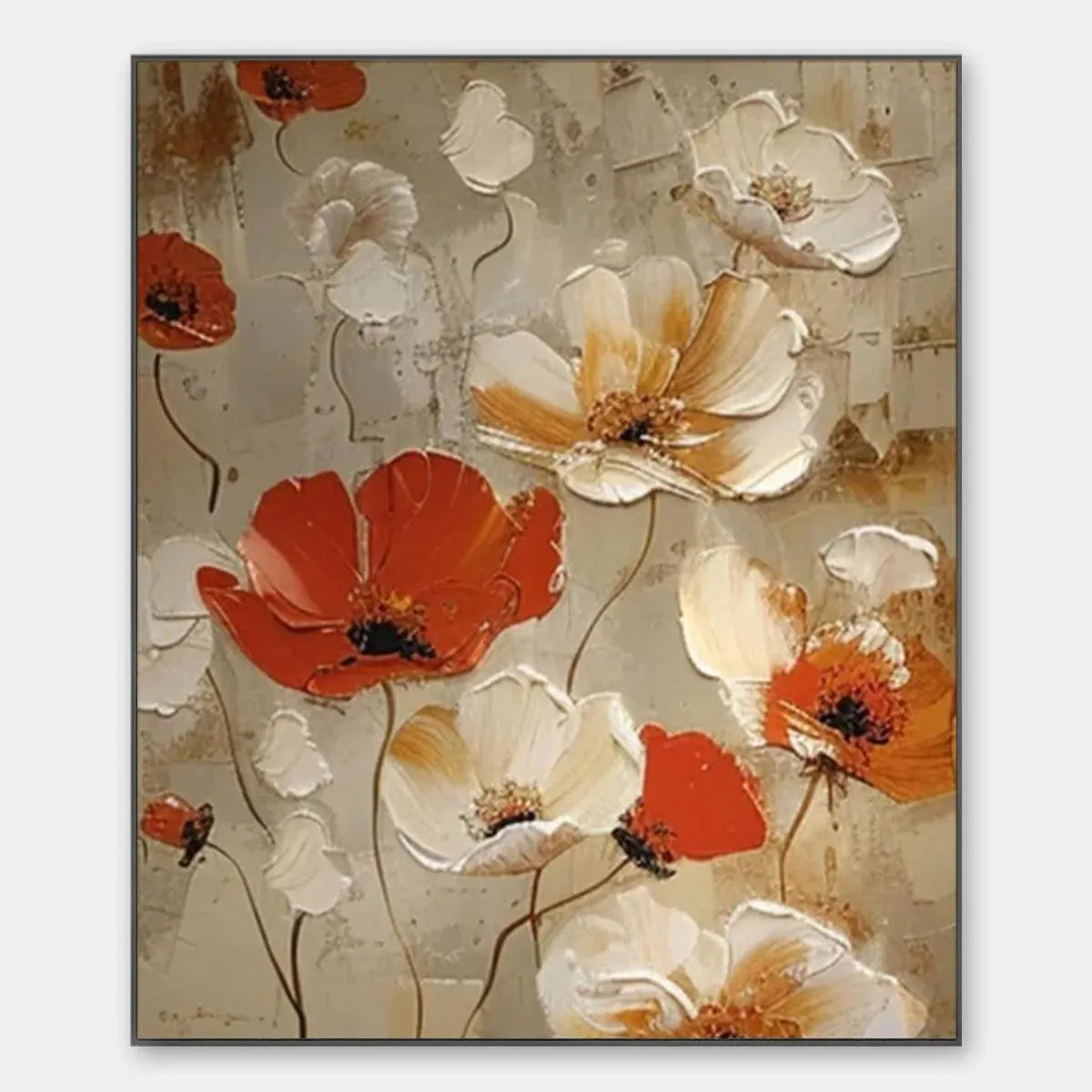 CRIMSON FIELDS: Textured Poppy Painting, Red and White Floral Wall Art, Square Canvas, Romantic Decor