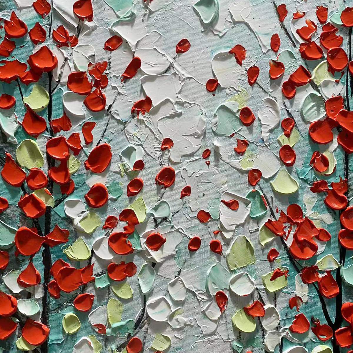 CRIMSON FOREST: Vertical Textured Impasto Painting of a Forest with Red Accents, Modern Wall Art, Blue, Green and Red - Image 7