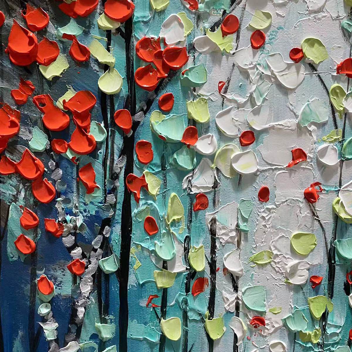 CRIMSON FOREST: Vertical Textured Impasto Painting of a Forest with Red Accents, Modern Wall Art, Blue, Green and Red - Image 4