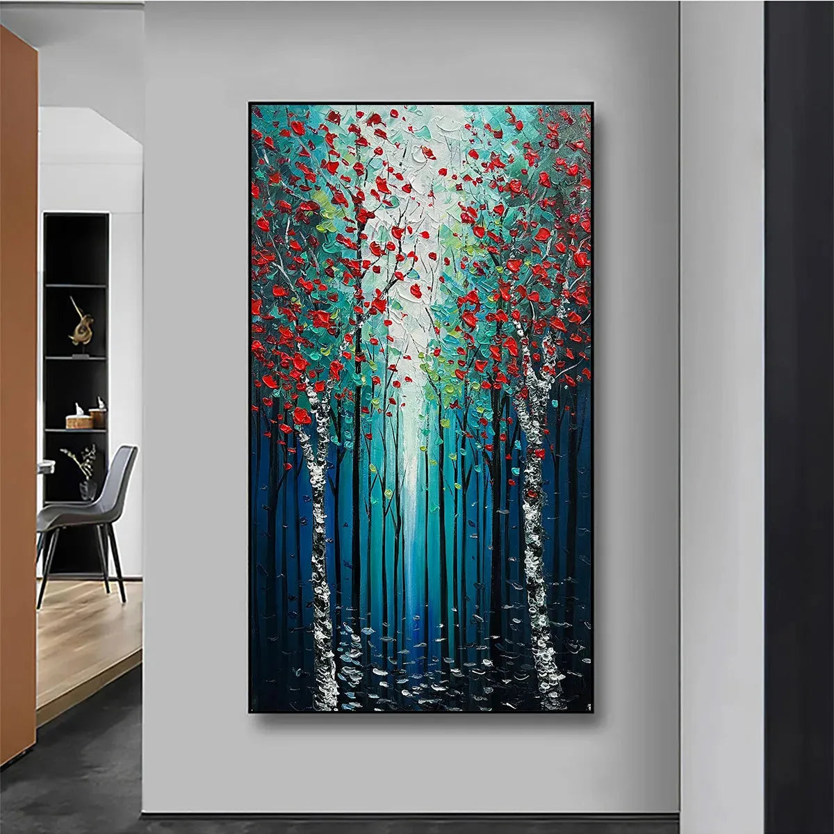 CRIMSON FOREST: Vertical Textured Impasto Painting of a Forest with Red Accents, Modern Wall Art, Blue, Green and Red - Image 2
