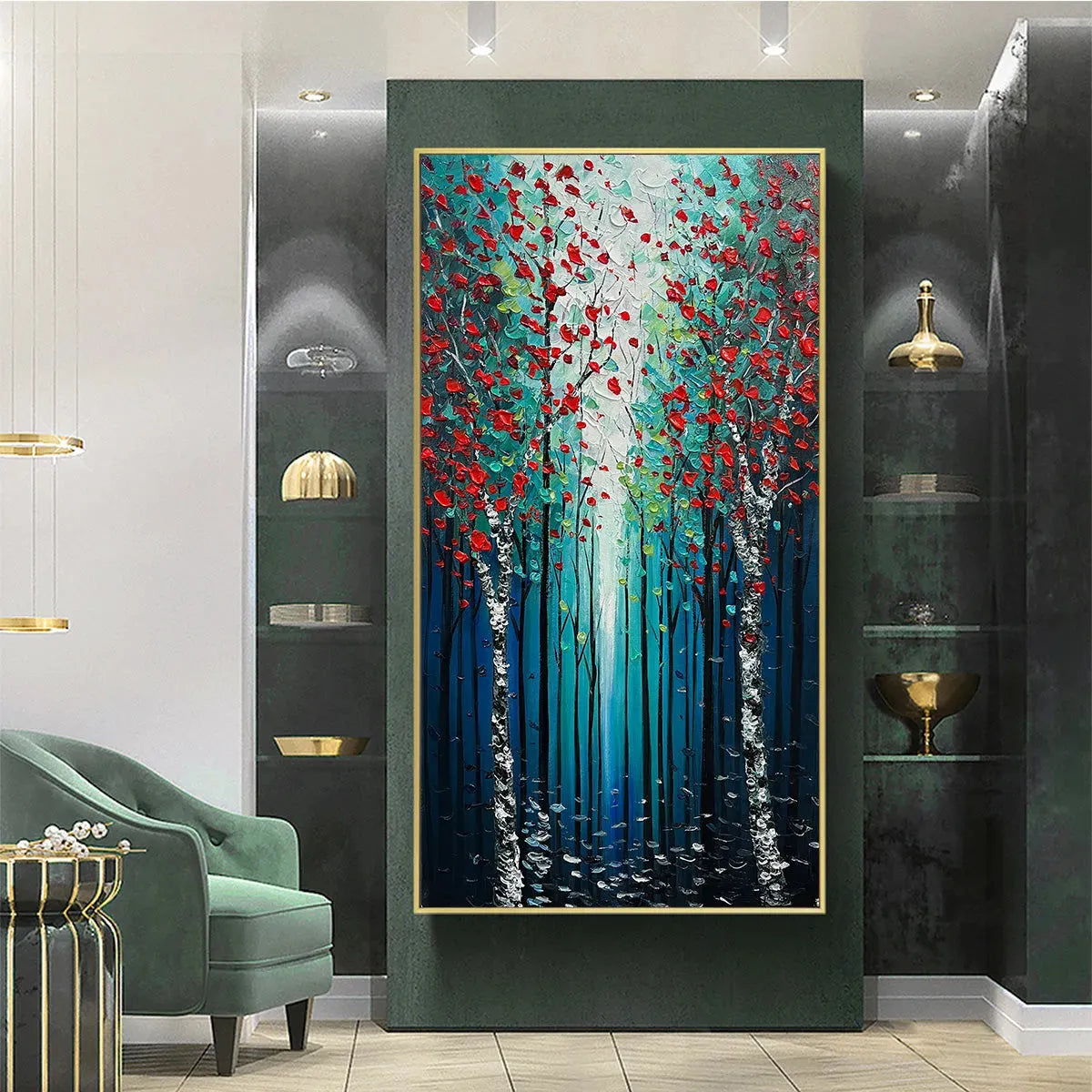 CRIMSON FOREST: Vertical Textured Impasto Painting of a Forest with Red Accents, Modern Wall Art, Blue, Green and Red - Image 5
