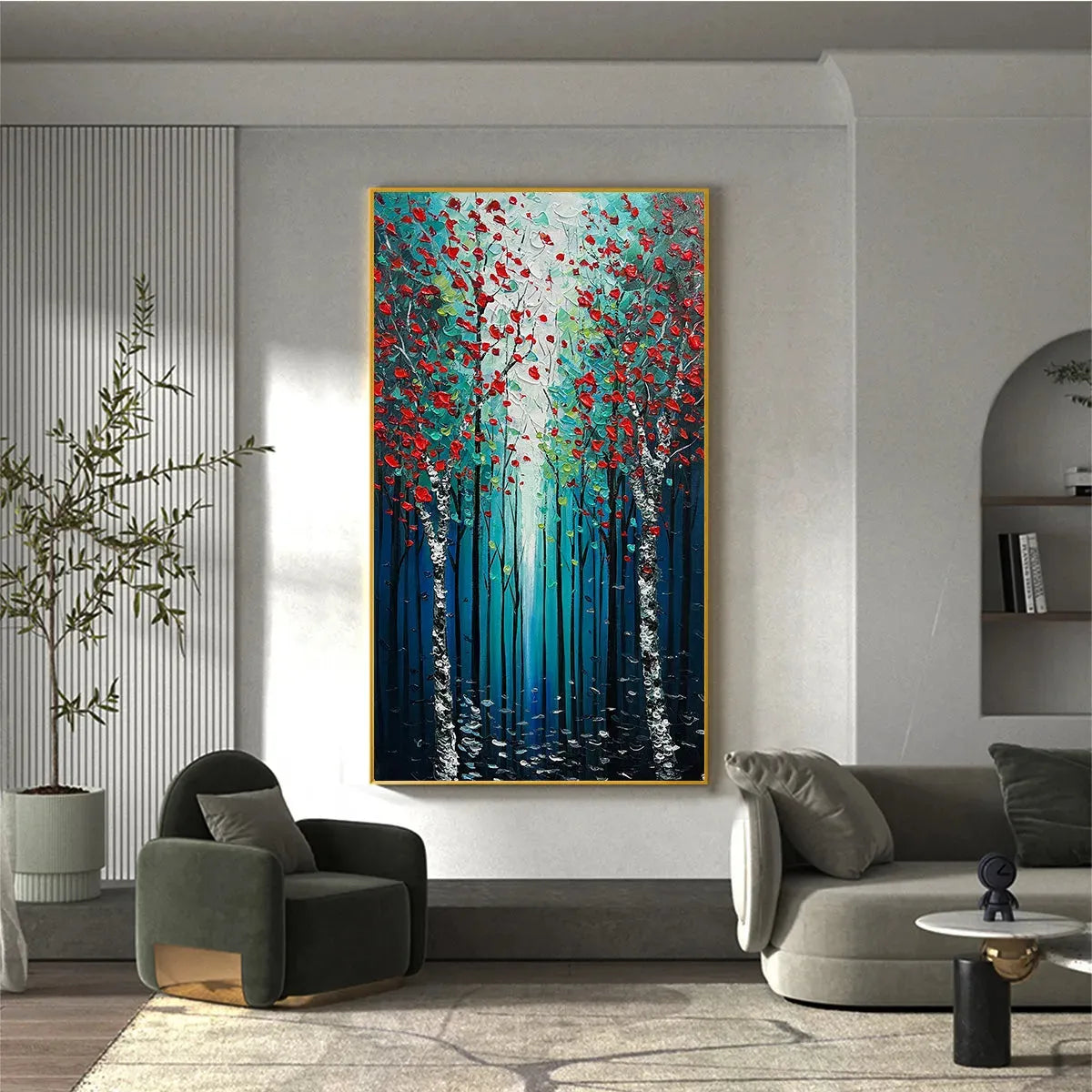 CRIMSON FOREST: Vertical Textured Impasto Painting of a Forest with Red Accents, Modern Wall Art, Blue, Green and Red - Image 6
