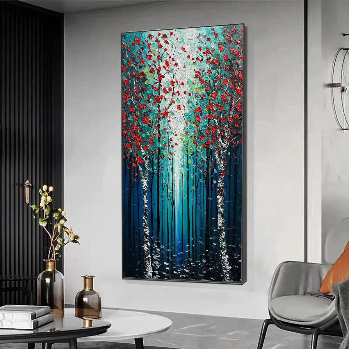 CRIMSON FOREST: Vertical Textured Impasto Painting of a Forest with Red Accents, Modern Wall Art, Blue, Green and Red - Image 9