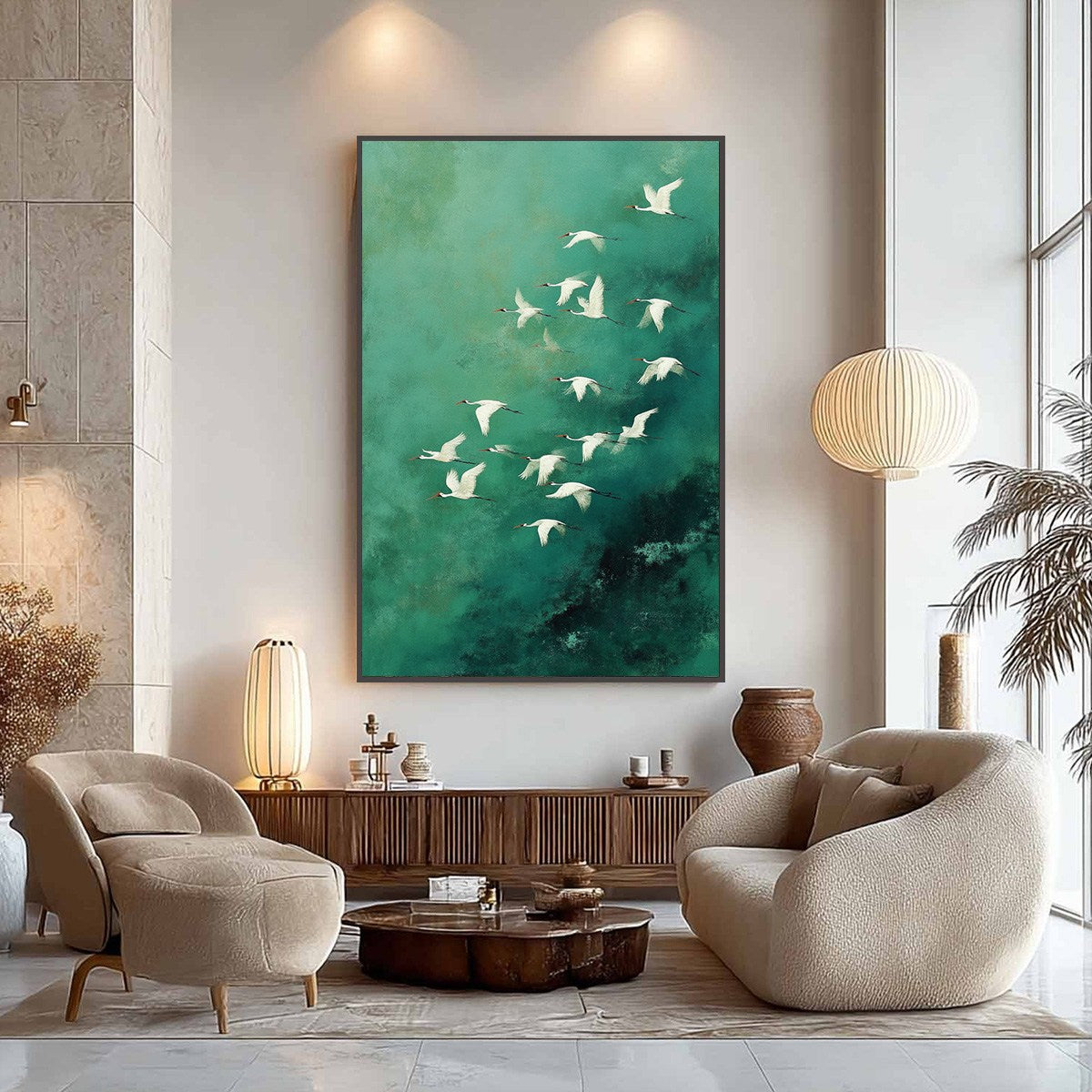 Celestial Journey | Green Crane Abstract Vertical Oil Painting - Image 4