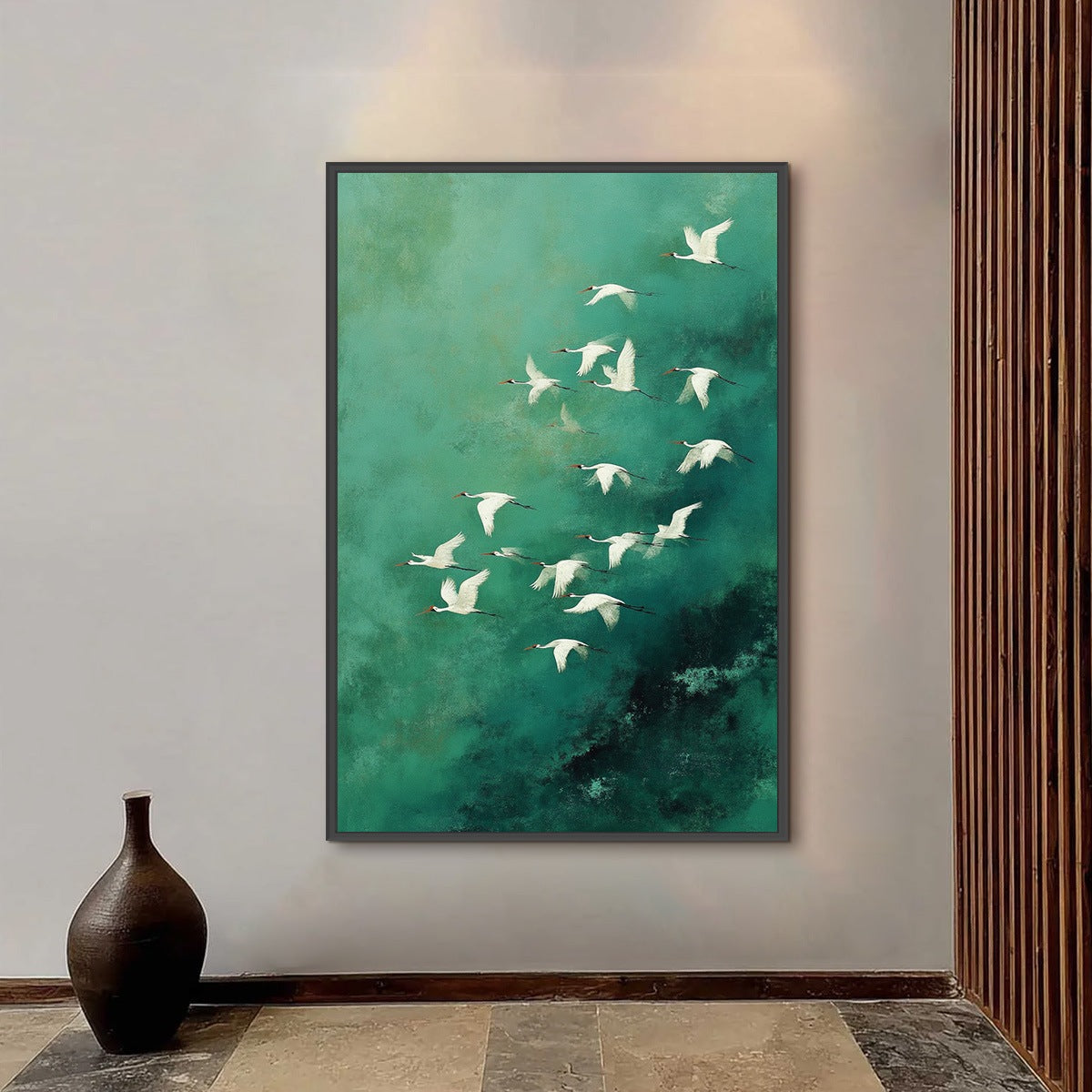 Celestial Journey | Green Crane Abstract Vertical Oil Painting - Image 2