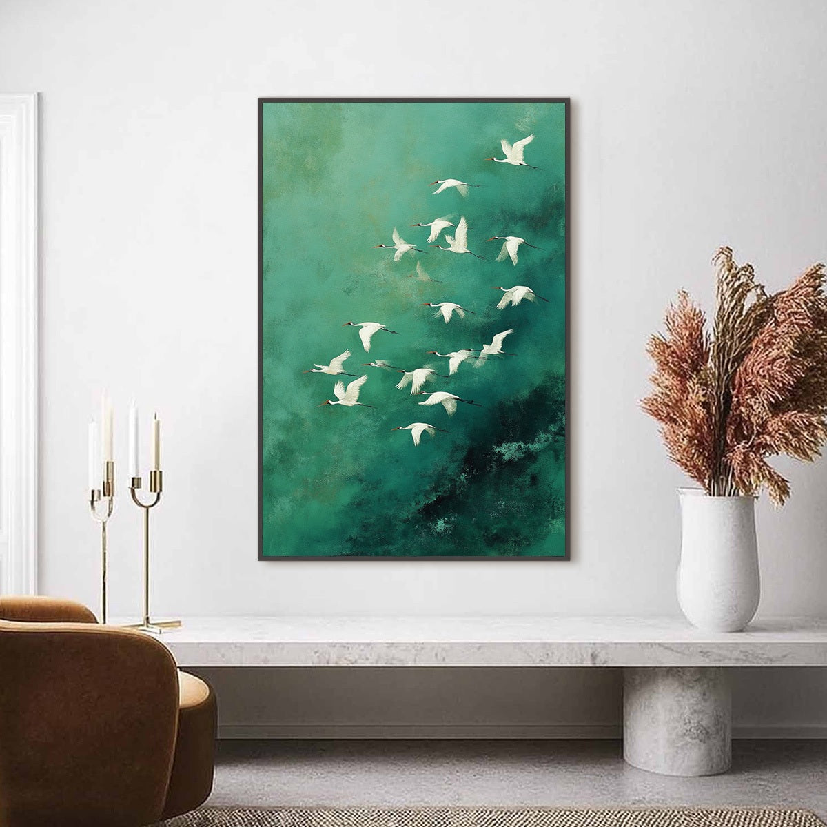 Celestial Journey | Green Crane Abstract Vertical Oil Painting - Image 6