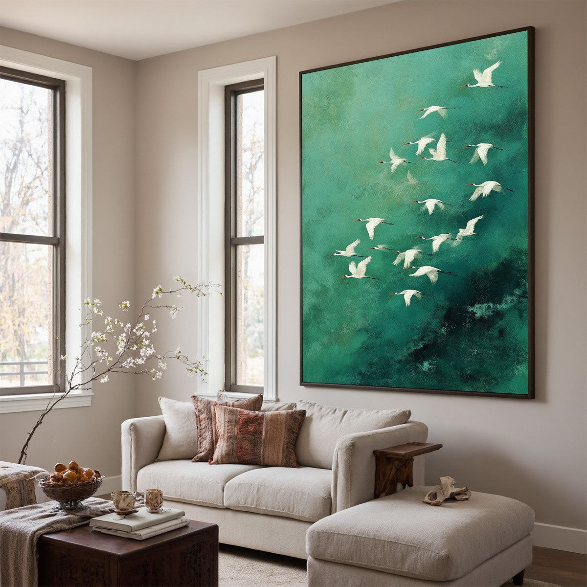 Celestial Journey | Green Crane Abstract Vertical Oil Painting - Image 7