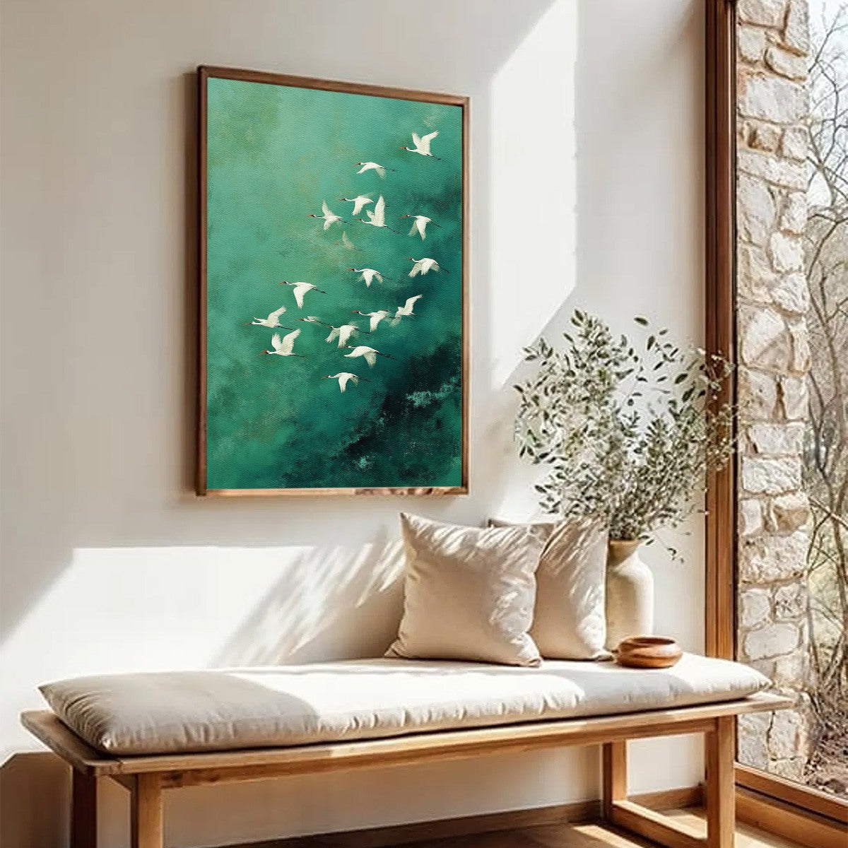 Celestial Journey | Green Crane Abstract Vertical Oil Painting - Image 8