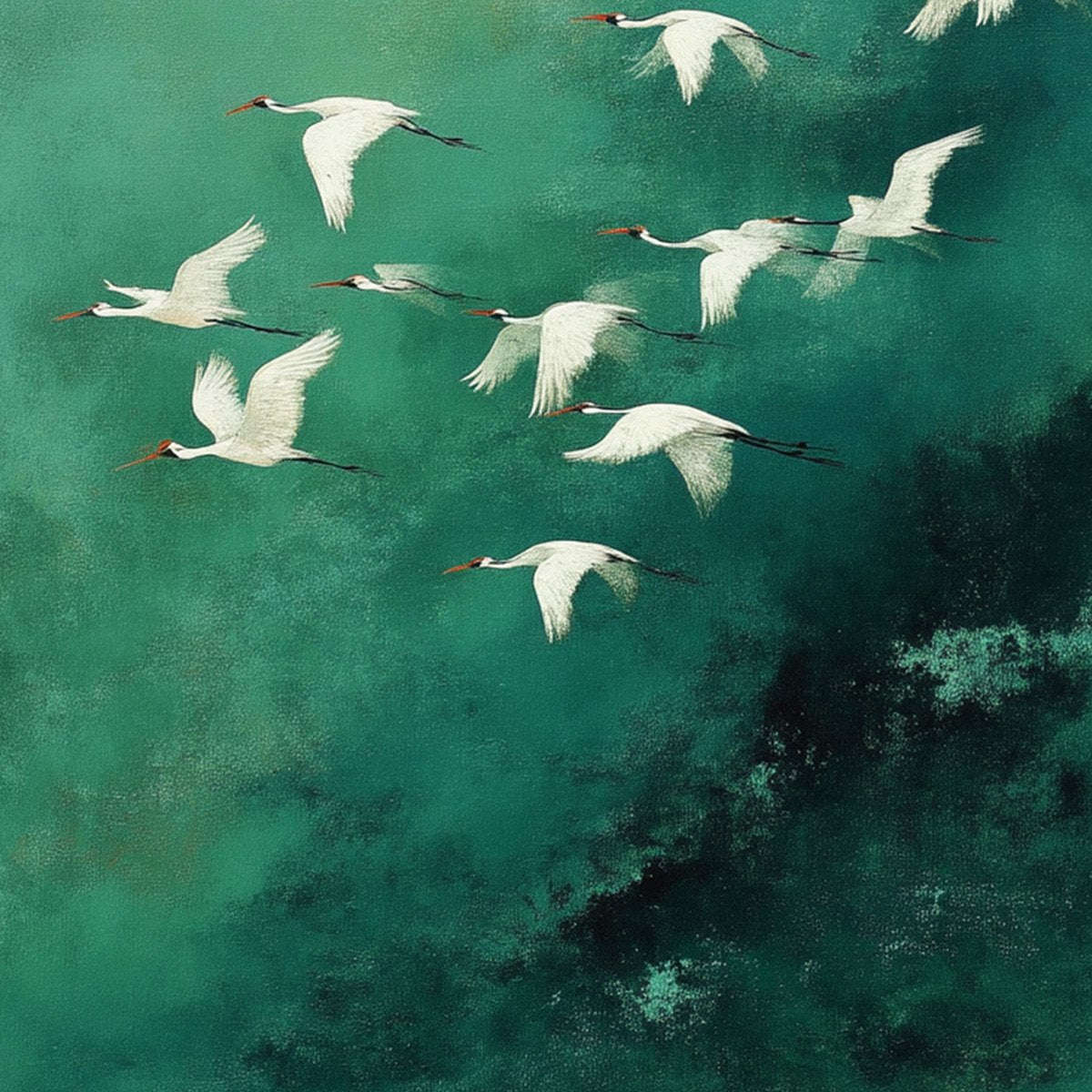 Celestial Journey | Green Crane Abstract Vertical Oil Painting - Image 3