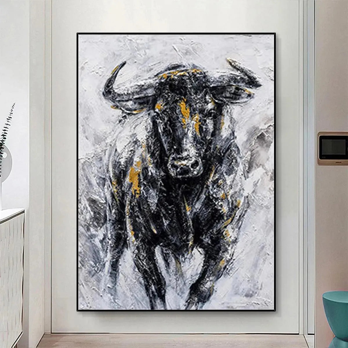 CHARGING BULL: Textured Bull Painting, Vertical Wall Art - Image 2