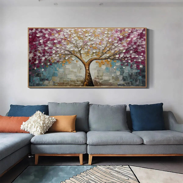 CHERRY BLOSSOM DREAM: Panoramic Textured Impasto Painting of a Cherry Blossom Tree, Modern Wall Art, Pink and Gold