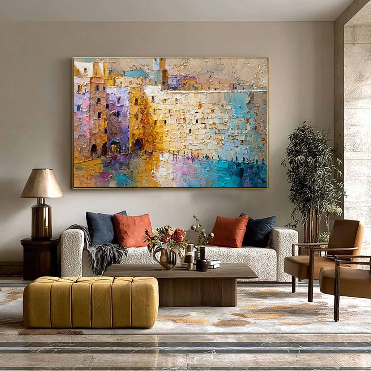 Citadel of Memories: Textured Impasto Cityscape Oil Painting - Image 4