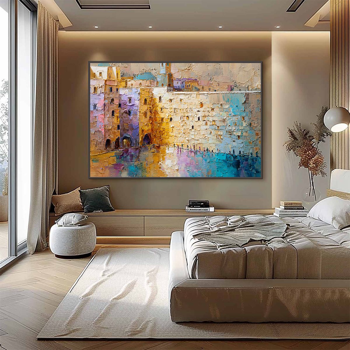 Citadel of Memories: Textured Impasto Cityscape Oil Painting - Image 6