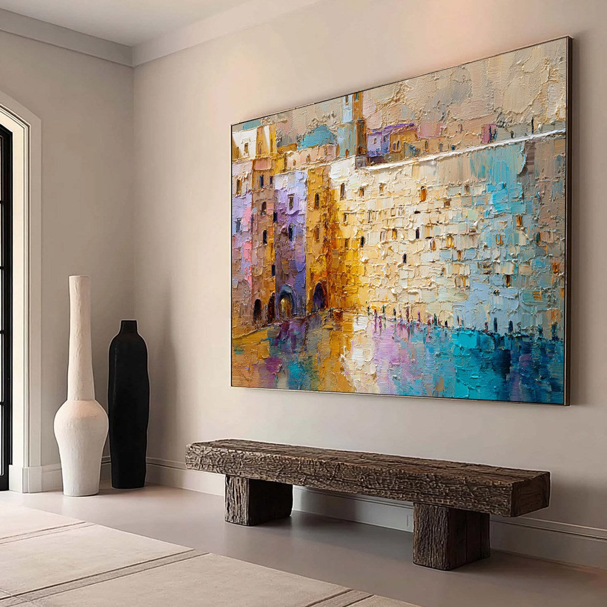 Citadel of Memories: Textured Impasto Cityscape Oil Painting - Image 7