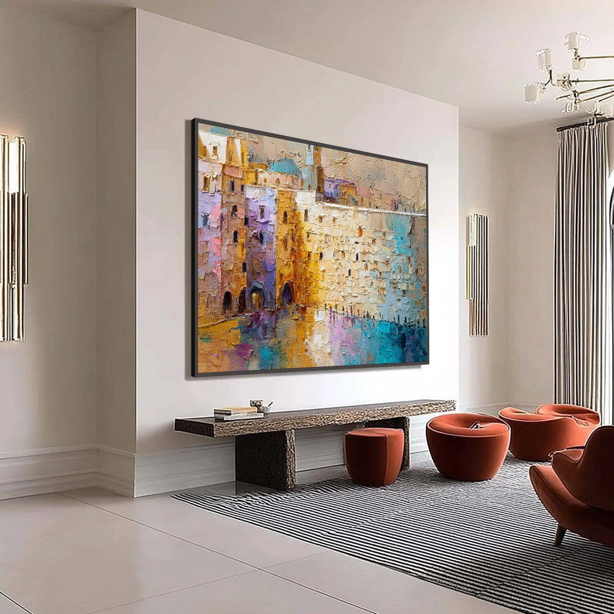 Citadel of Memories: Textured Impasto Cityscape Oil Painting - Image 8