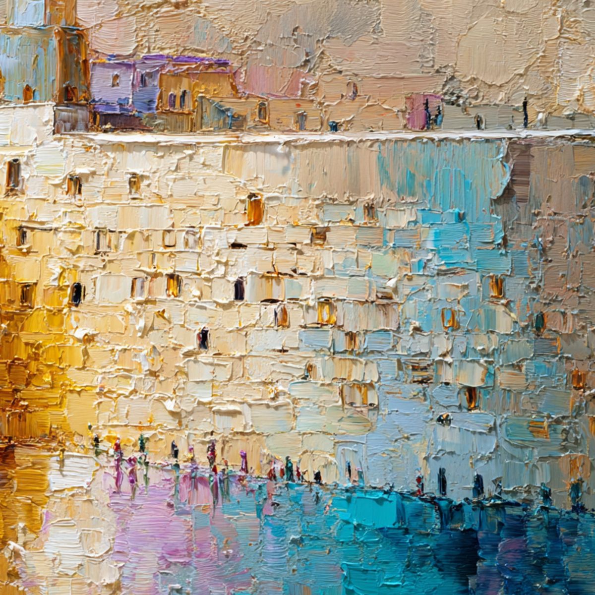 Citadel of Memories: Textured Impasto Cityscape Oil Painting - Image 3