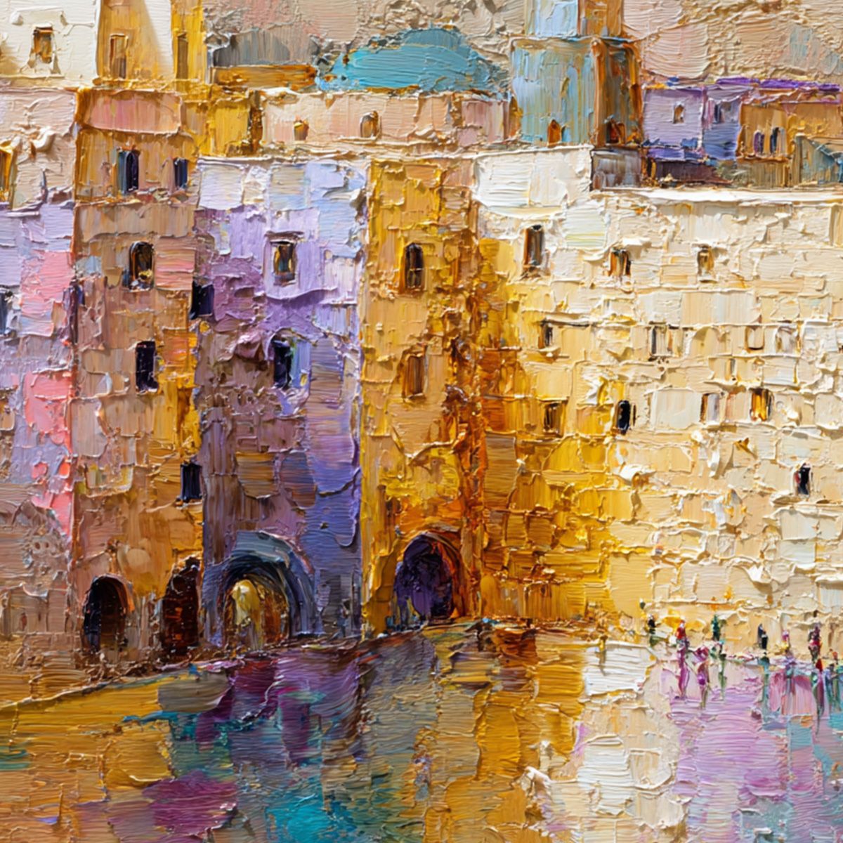 Citadel of Memories: Textured Impasto Cityscape Oil Painting - Image 5