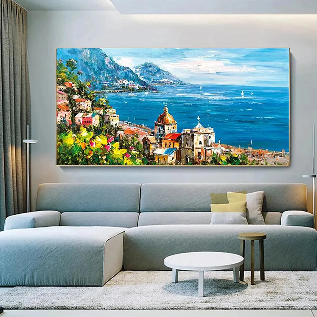 COASTAL MEDITERRANEAN TOWN: Vibrant Coastal Landscape Painting, Panoramic Wall Art - Image 8