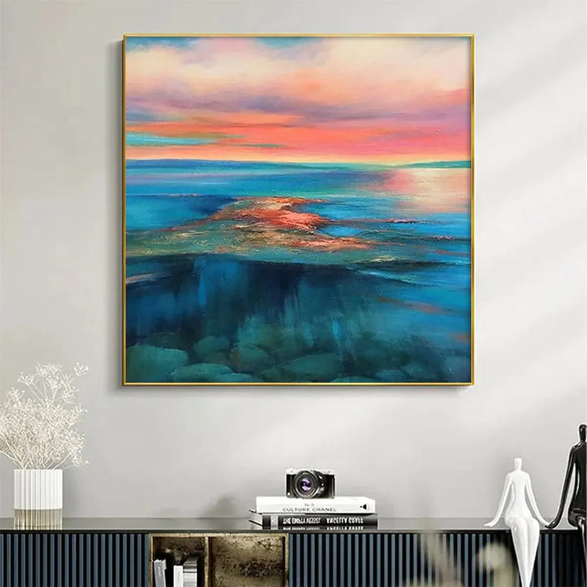 CORAL REEF SUNSET: Vibrant Coastal Sunset Painting, Square Wall Art - Image 8