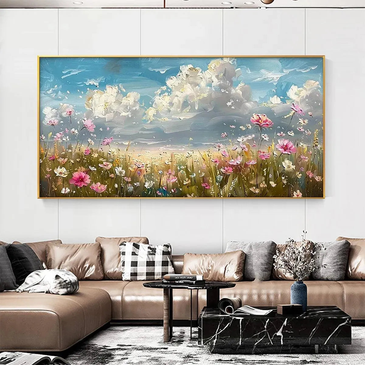 COSMOS FIELD: Textured Floral Landscape Painting, Impasto Wall Art, Horizontal Canvas, Wildflower Decor - Image 2