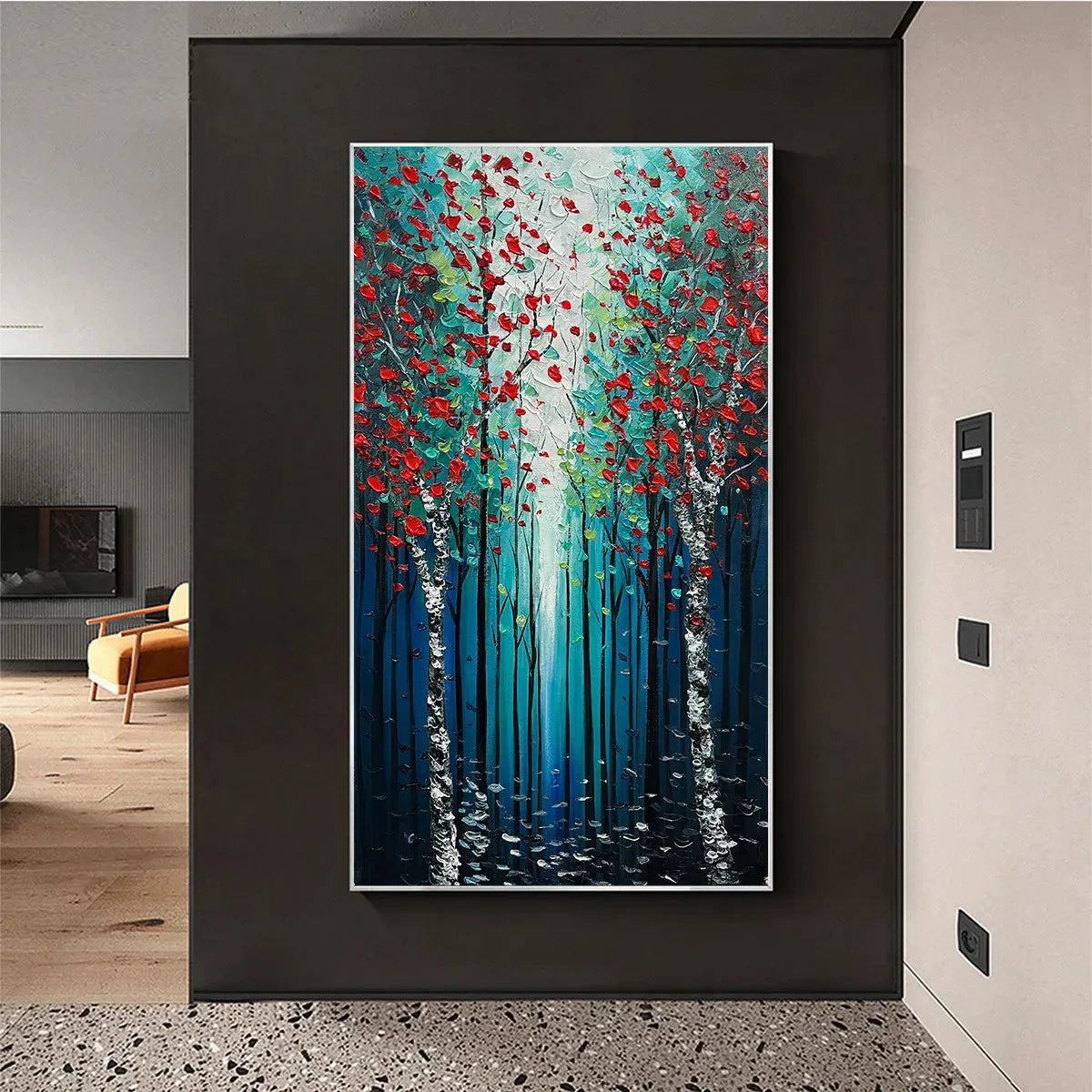 CRIMSON FOREST: Vertical Textured Impasto Painting of a Forest with Red Accents, Modern Wall Art, Blue, Green and Red - Image 8