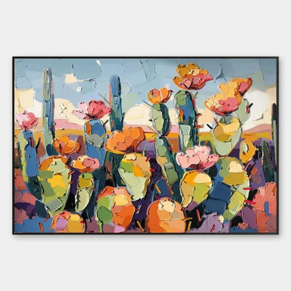 DESERT BLOOM: Textured Cactus Painting, Impasto Wall Art, Horizontal Canvas, Desert Decor
