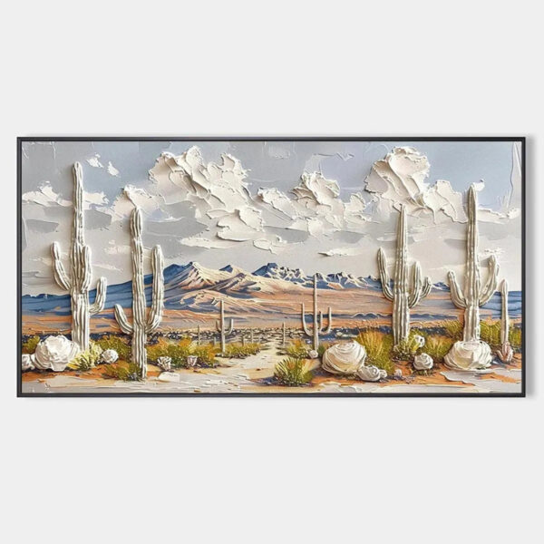 DESERT DREAM: Textured Desert Landscape Painting, Impasto Wall Art, Horizontal Canvas, Cactus Decor
