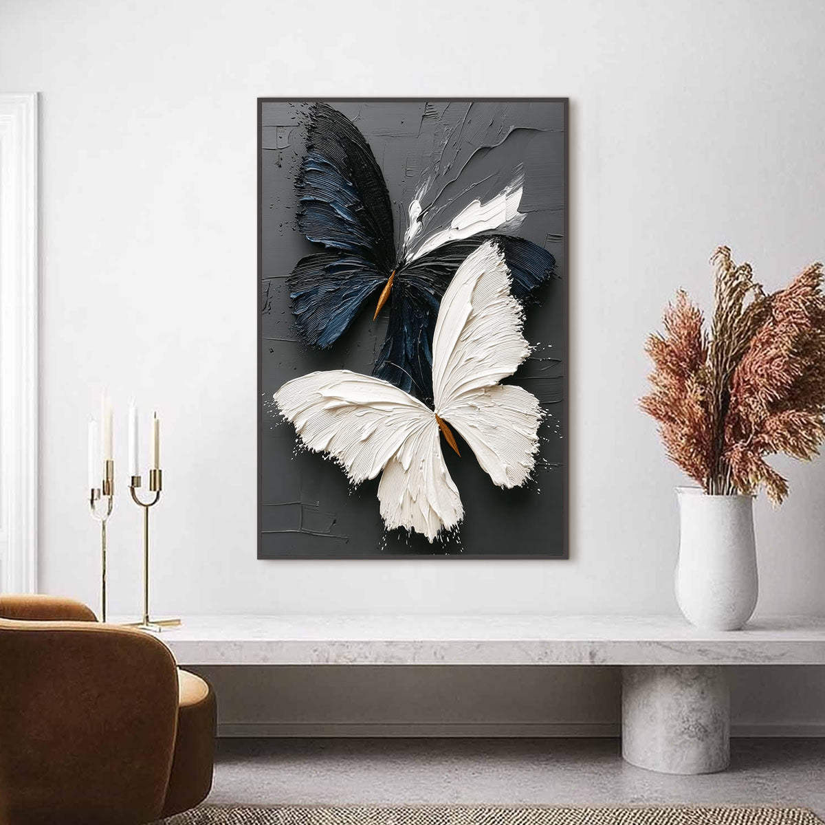 DUALITY: Textured Impasto Black and White Butterfly Painting - Image 2