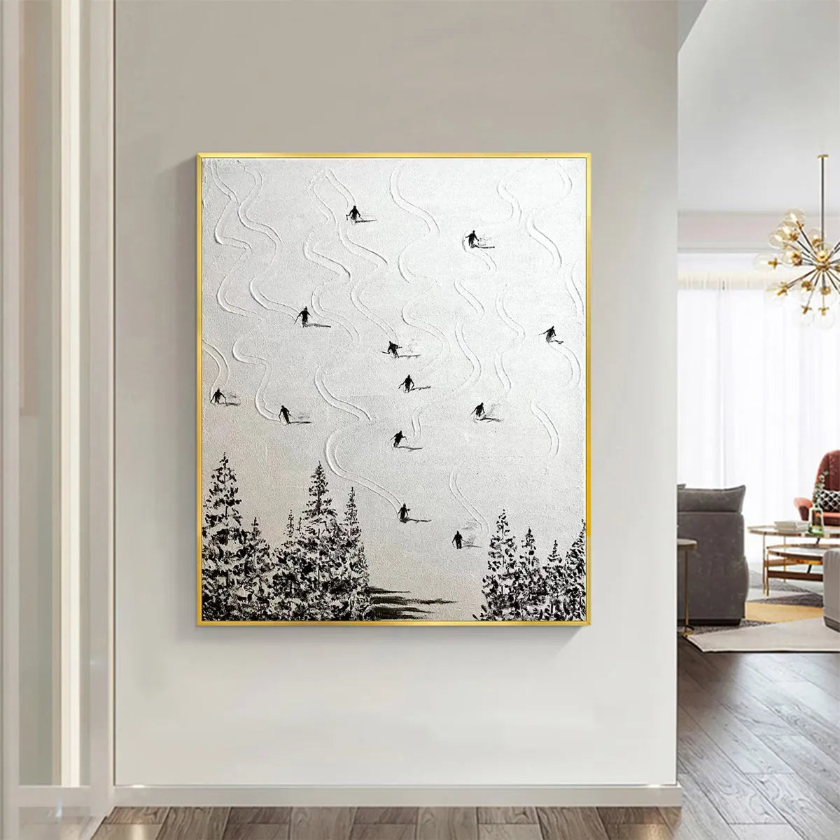 SNOW DANCE: Minimalist Skiing Painting on Textured Square Canvas - Image 7