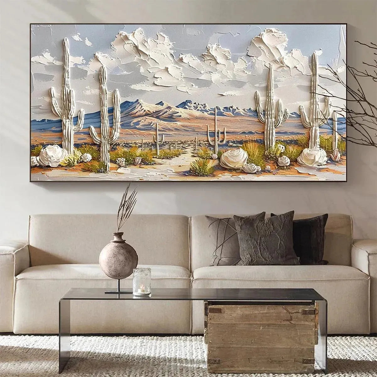 DESERT DREAM: Textured Desert Landscape Painting, Impasto Wall Art, Horizontal Canvas, Cactus Decor - Image 8