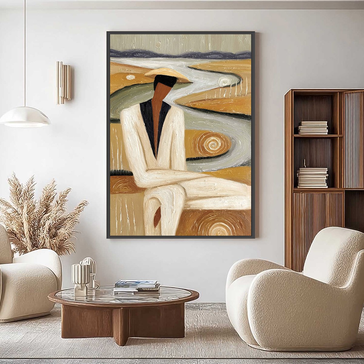 EARTHEN CONTEMPLATION: Textured Figurative Art of a Man in a Serene Landscape - Image 2