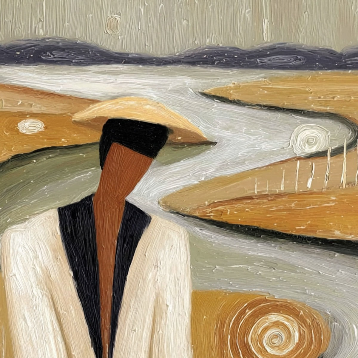 EARTHEN CONTEMPLATION: Textured Figurative Art of a Man in a Serene Landscape - Image 3