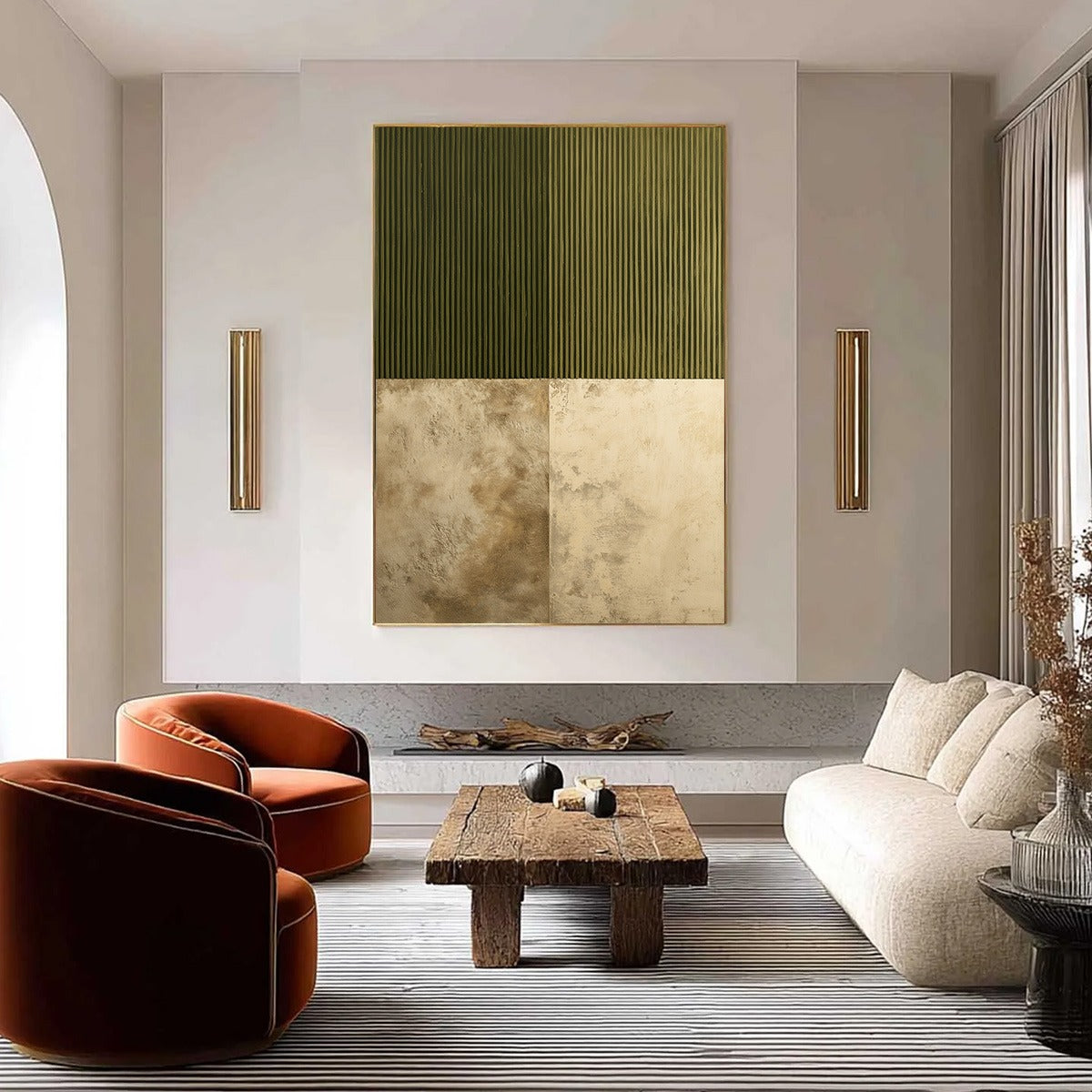 EARTHEN RHYTHM: Textured Minimalist Abstract Painting in Green and Beige - Image 2