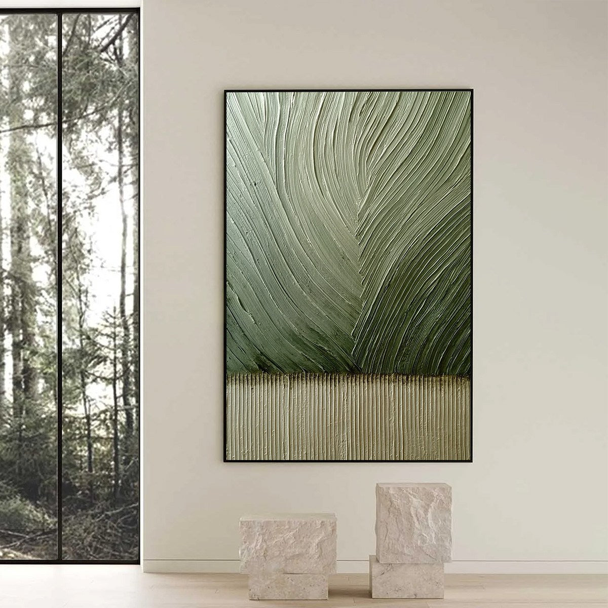 EARTHEN WEAVE: Textured Green and Beige Wabi Sabi Abstract Painting - Image 6
