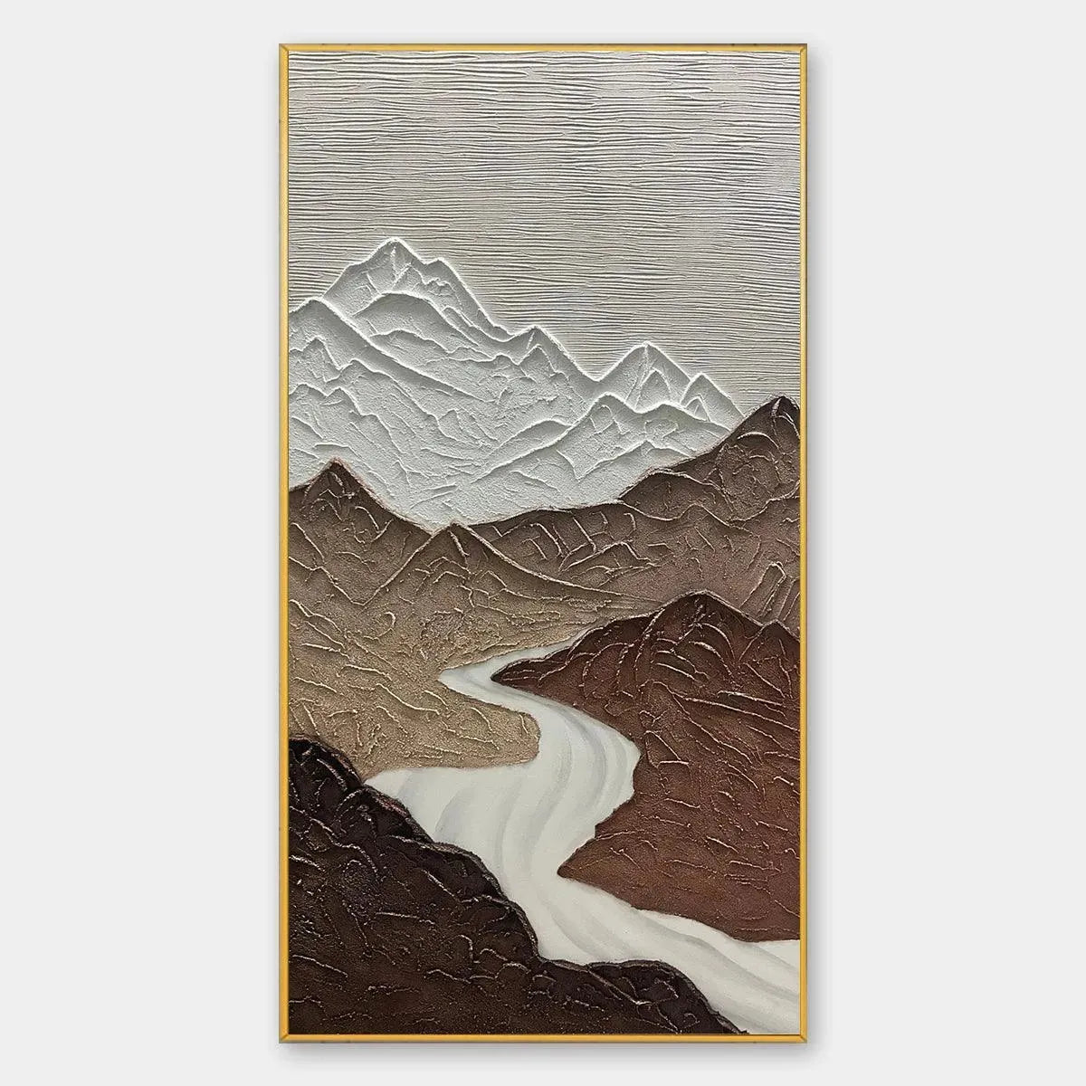 EARTH RIVER: Textured Brown and White Mountain River Landscape Painting