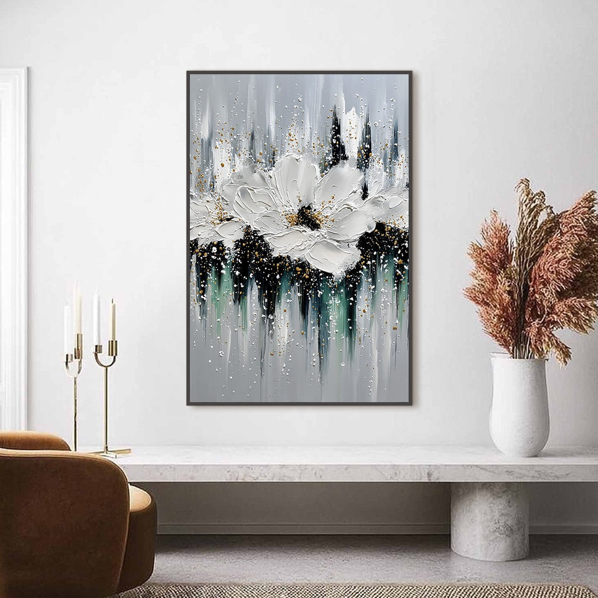 ECHOES IN WHITE: Textured White Flower Impasto Oil Painting with Gold Accents - Image 2