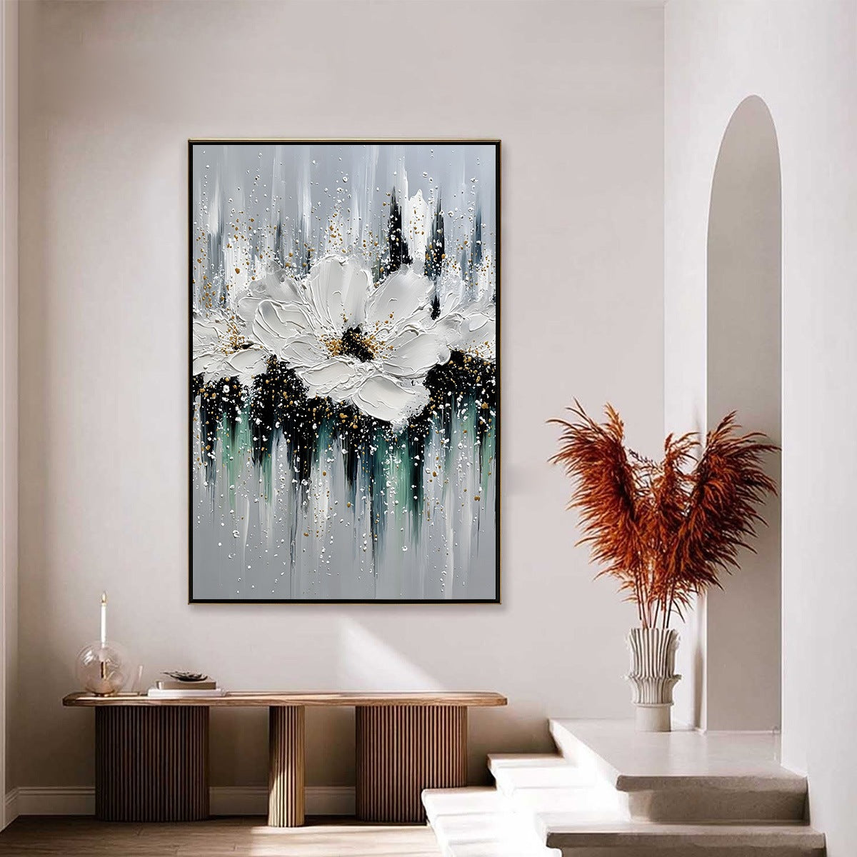 ECHOES IN WHITE: Textured White Flower Impasto Oil Painting with Gold Accents - Image 4