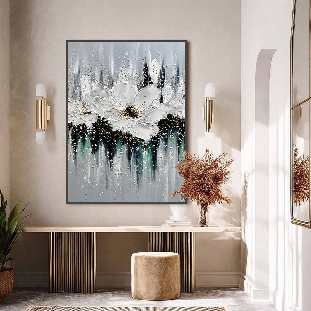 ECHOES IN WHITE: Textured White Flower Impasto Oil Painting with Gold Accents - Image 6
