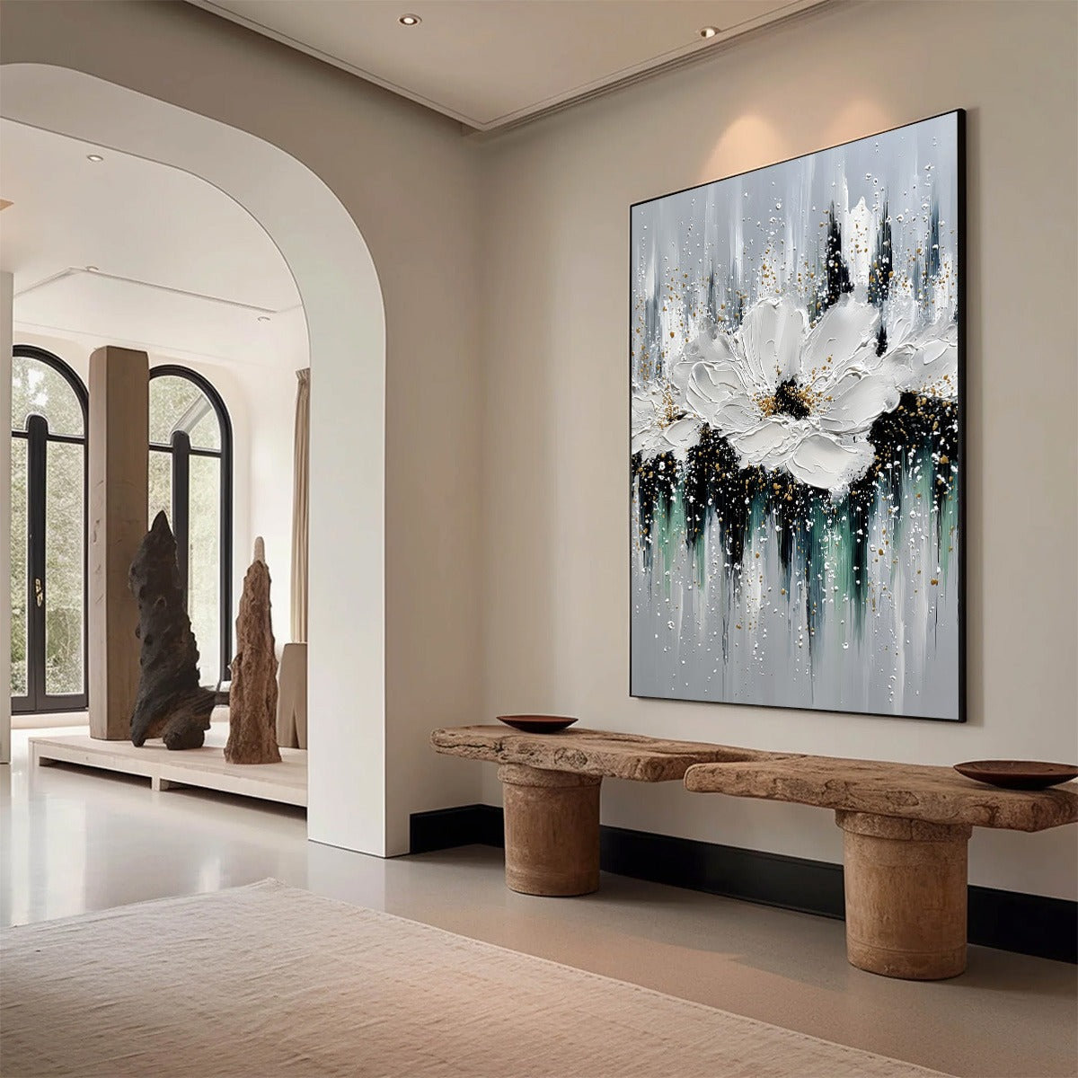 ECHOES IN WHITE: Textured White Flower Impasto Oil Painting with Gold Accents - Image 7