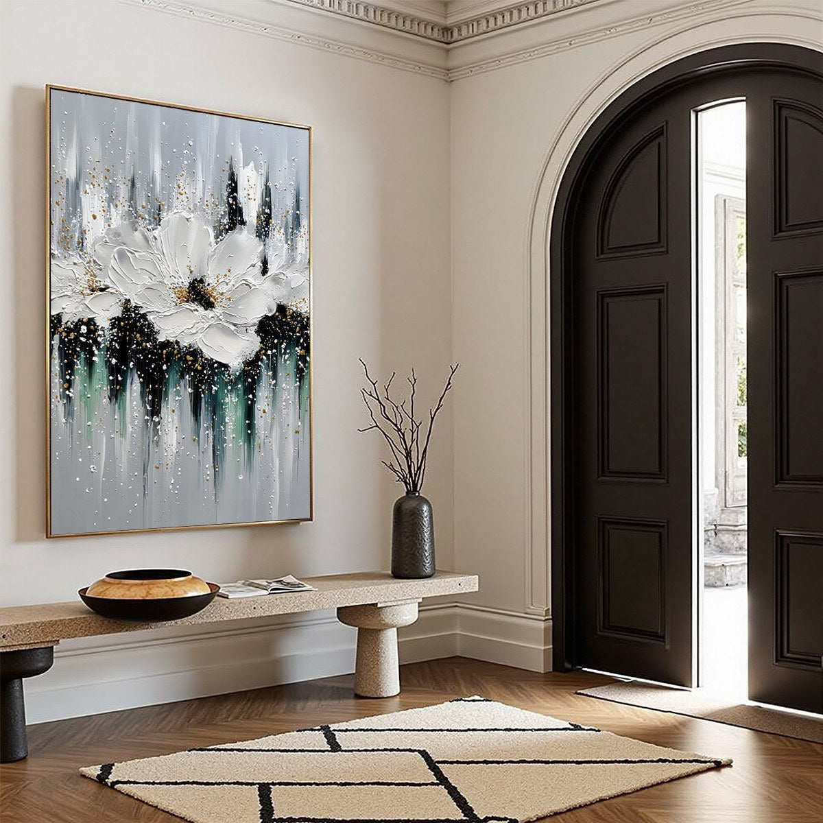 ECHOES IN WHITE: Textured White Flower Impasto Oil Painting with Gold Accents - Image 8