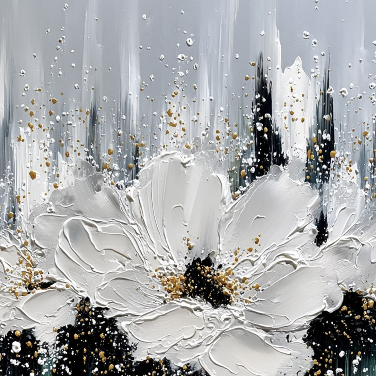 ECHOES IN WHITE: Textured White Flower Impasto Oil Painting with Gold Accents - Image 3