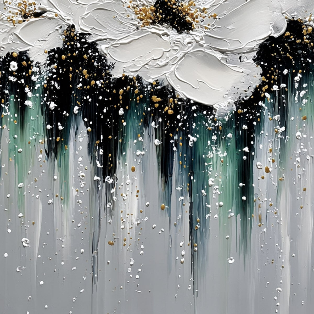 ECHOES IN WHITE: Textured White Flower Impasto Oil Painting with Gold Accents - Image 5
