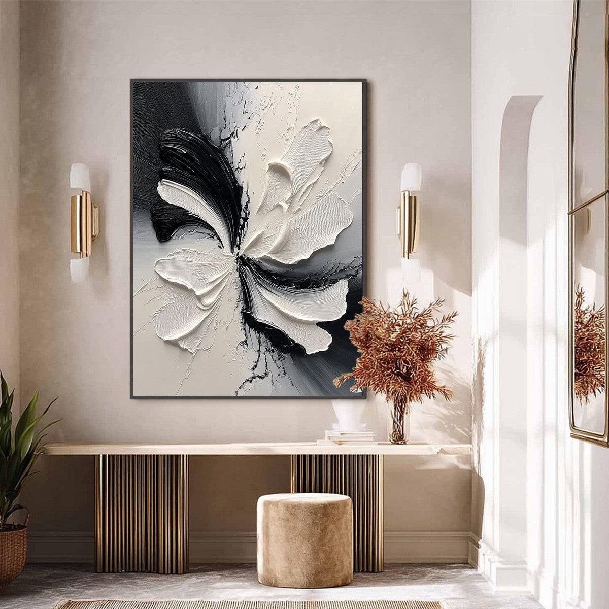 ECLIPSE BLOSSOM: Textured Black and White Abstract Impasto Painting - Image 2