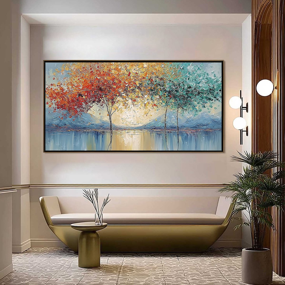 EMBER AND JADE: Textured Long Horizontal Landscape Painting of Trees - Image 2