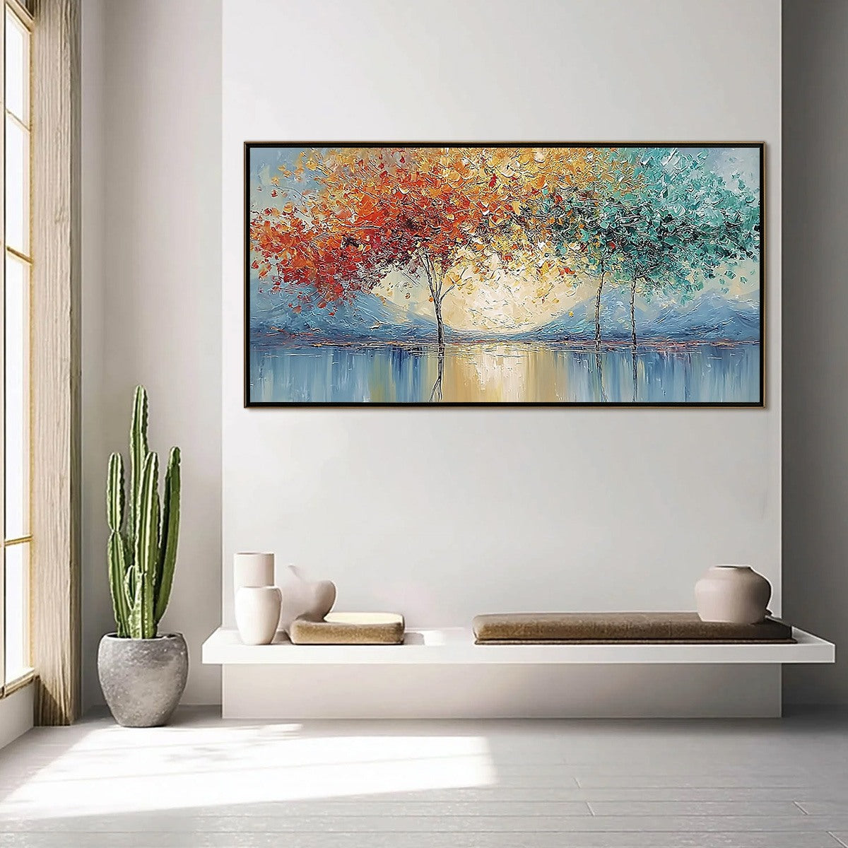 EMBER AND JADE: Textured Long Horizontal Landscape Painting of Trees - Image 4