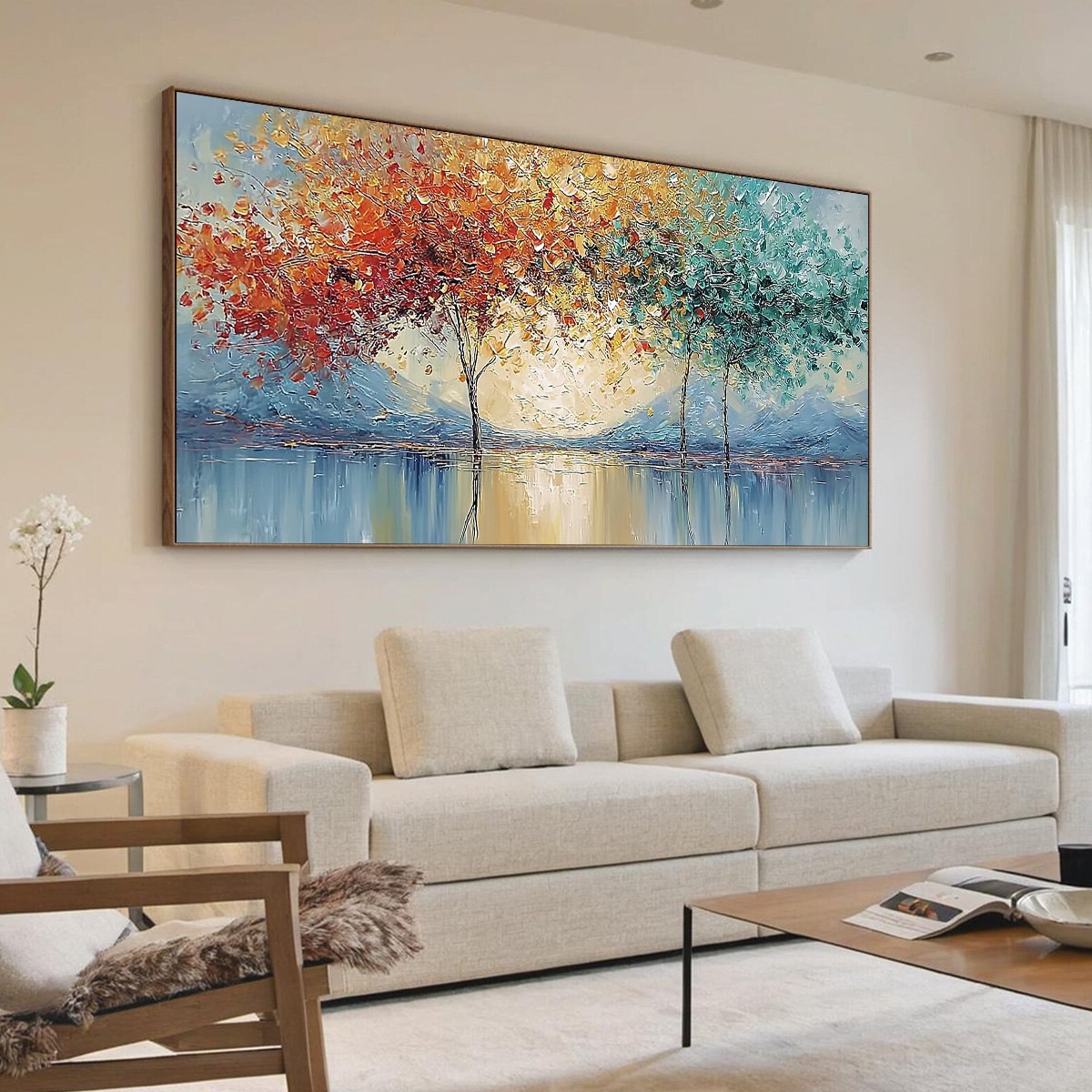 EMBER AND JADE: Textured Long Horizontal Landscape Painting of Trees - Image 7